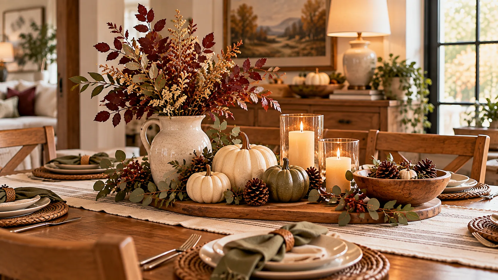 Budget fall centerpiece made with an everyday vase, wood board, pumpkins, branches and candle holders.