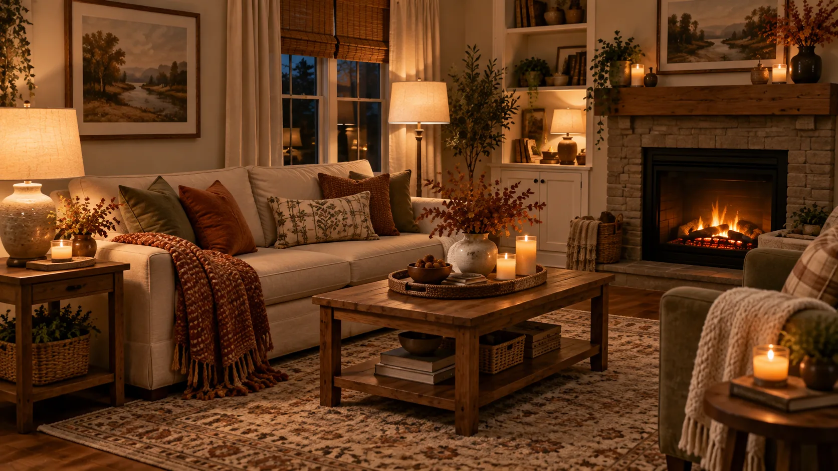 Warm layered lighting creating a cozy atmosphere for fall entertaining at home.