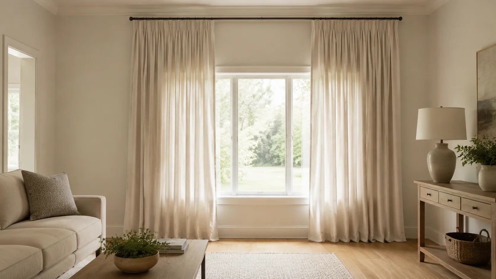 Elegant living room with neutral full-length curtains mounted near the ceiling and extended beyond the window to create a taller, wider appearance.