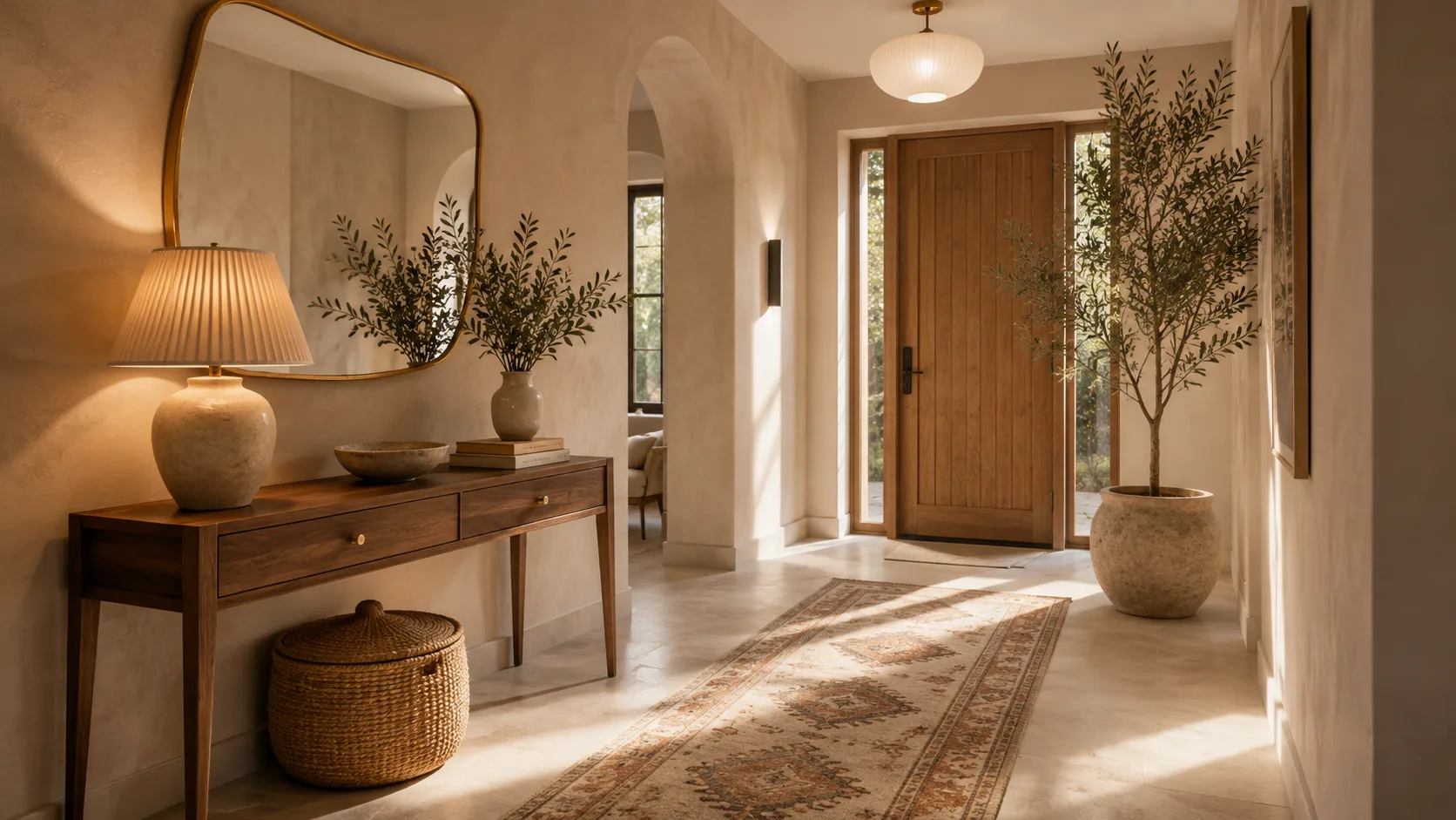 Warm refined entryway with a slim walnut console, aged-brass mirror, ceramic lamp, woven storage basket, patterned runner, and potted indoor tree.