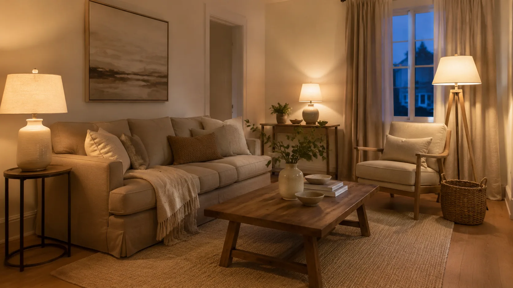 Elegant neutral living room illuminated by layered table and floor lamps, creating a warm evening glow around the sofa and reading chair.
