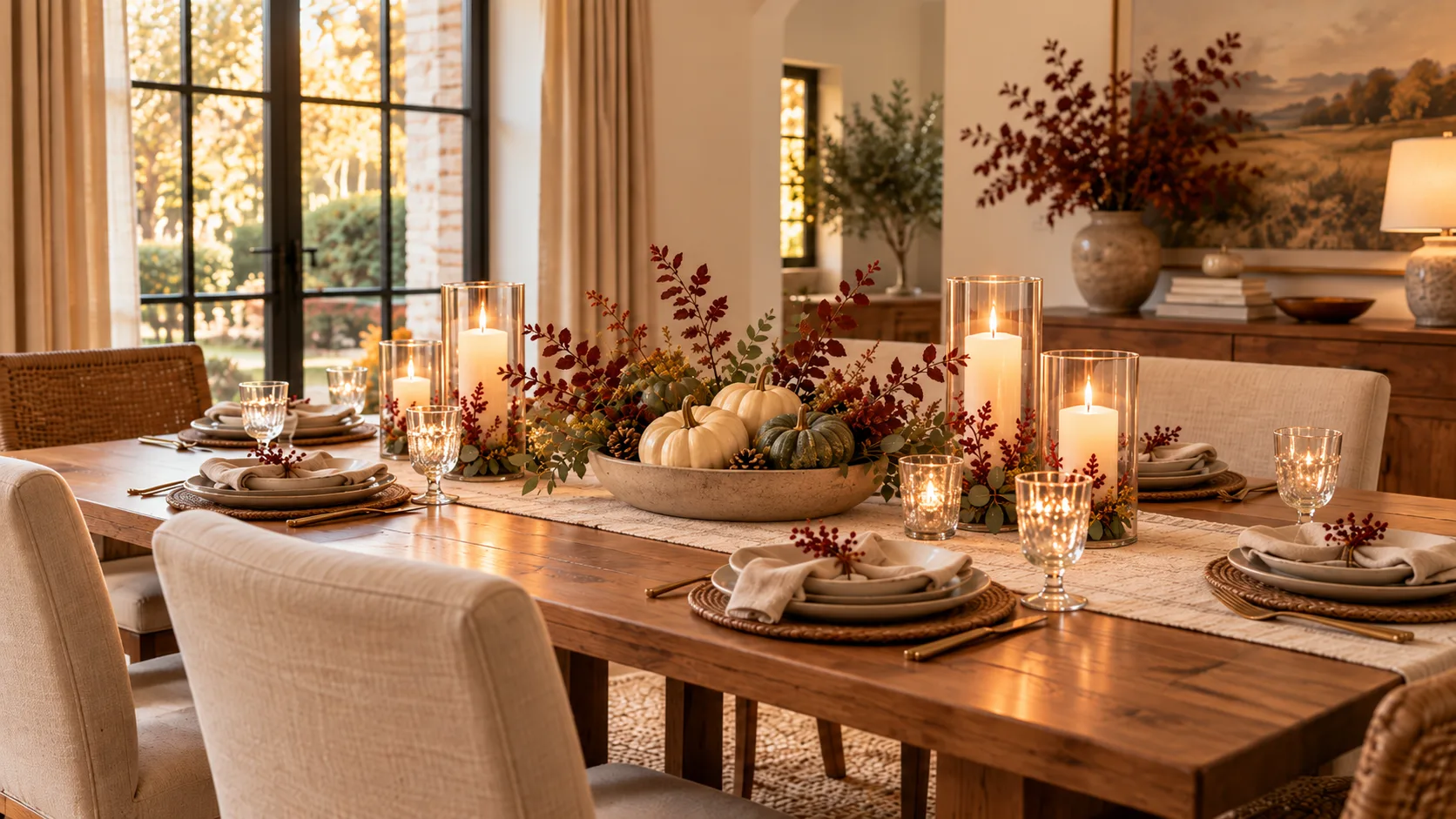 Cozy fall dining table with neutral pumpkins, autumn branches, candles and simple seasonal decor.