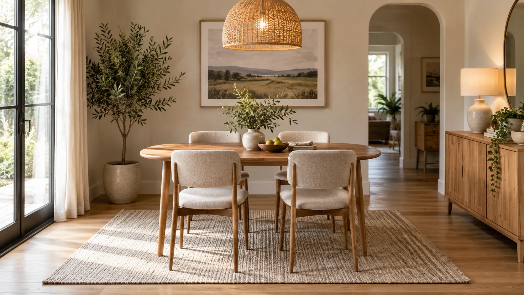 Correctly sized low-pile rug beneath a compact dining table and chairs in a warm modern dining area.