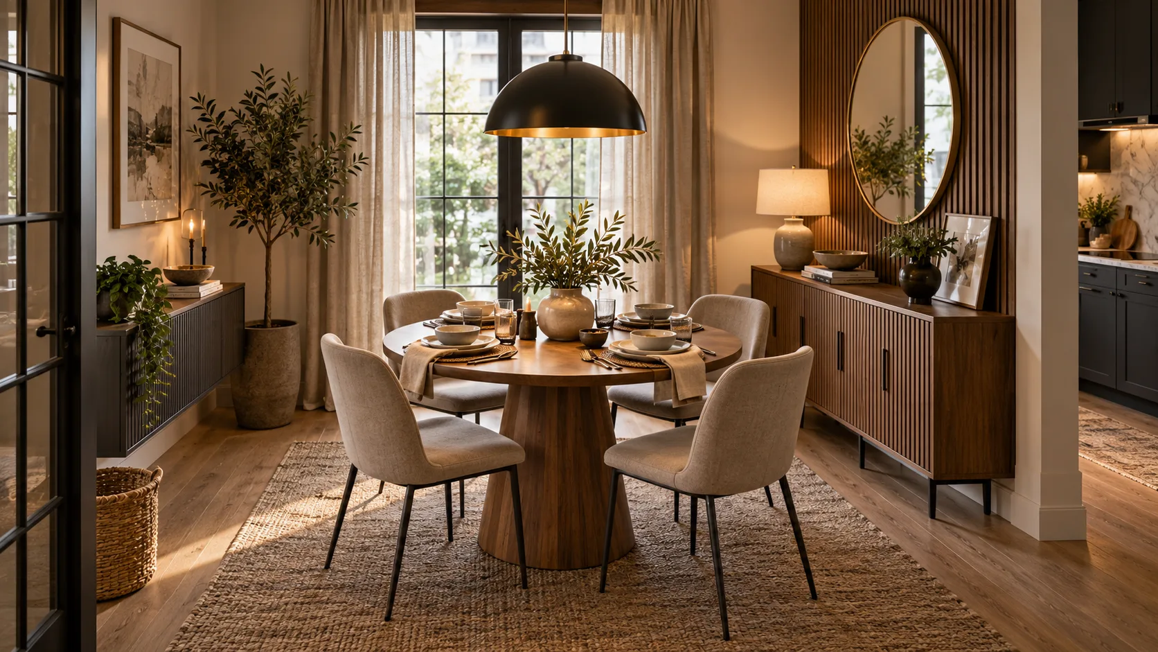 Finished modern dining area styled for a relaxed everyday meal with warm lighting, simple tableware, and natural decor.