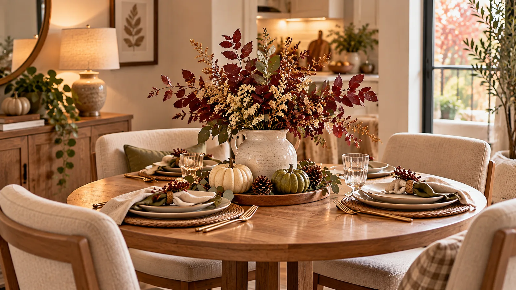 Small fall table centerpiece with autumn branches and cream pumpkins on a compact round dining table.