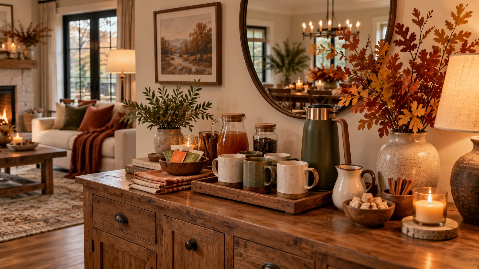 Simple self-serve fall drink station with mugs and warm beverages for guests.