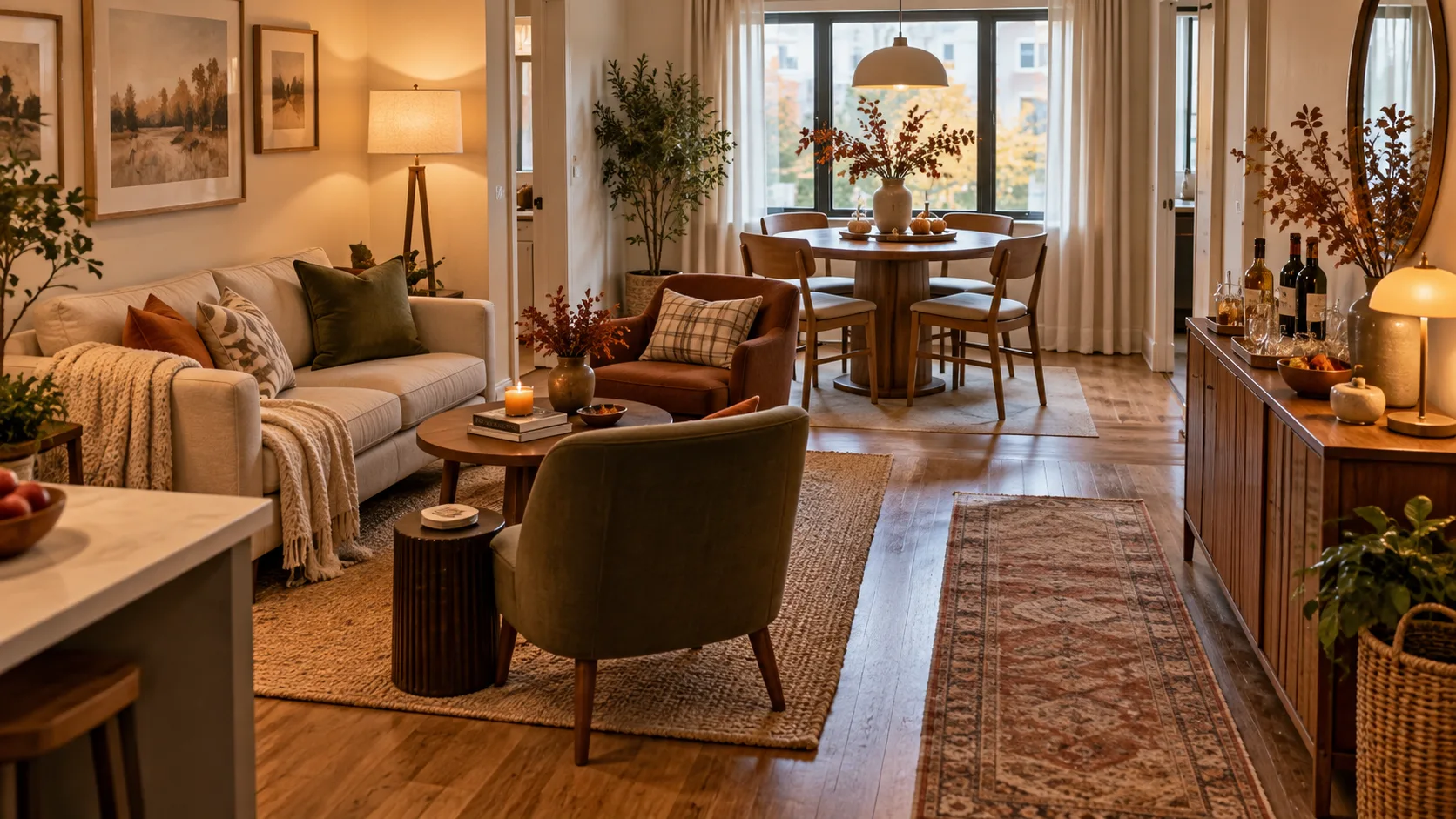Small living and dining room arranged into practical zones for fall entertaining.