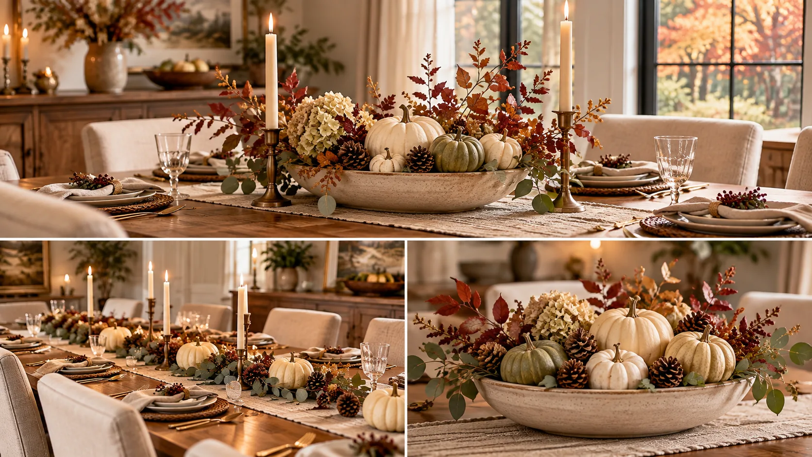 Neutral fall pumpkin centerpiece with cream and muted green pumpkins in a ceramic bowl.
