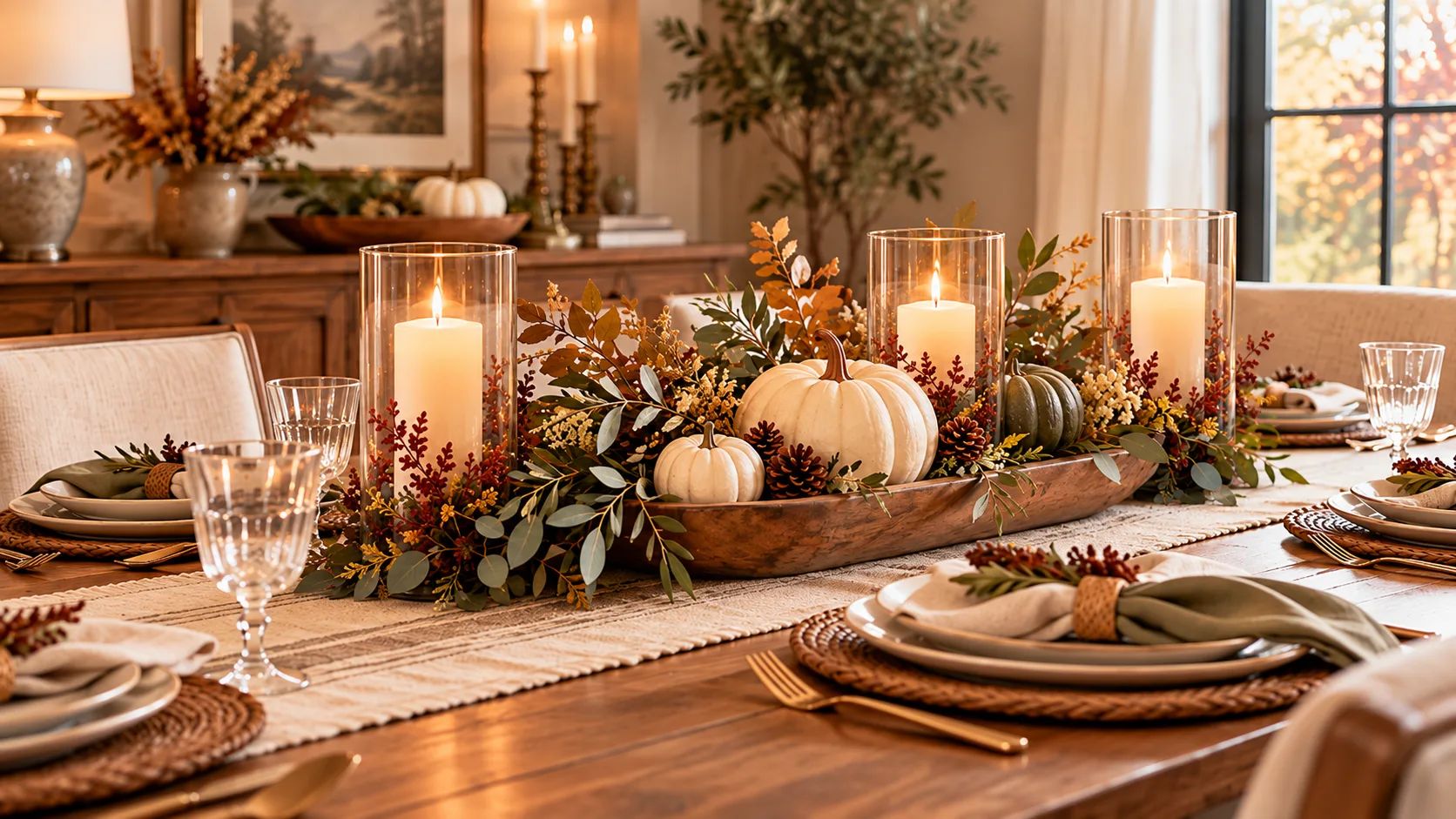 Neutral fall centerpiece in cream, camel, muted olive and natural wood tones.