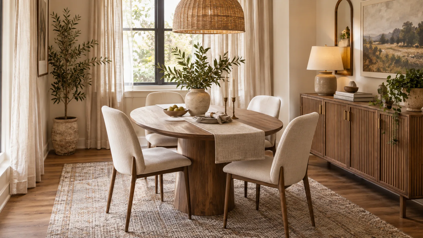 Warm neutral curtains, textured rug, and understated table linens creating a cozy modern dining room.