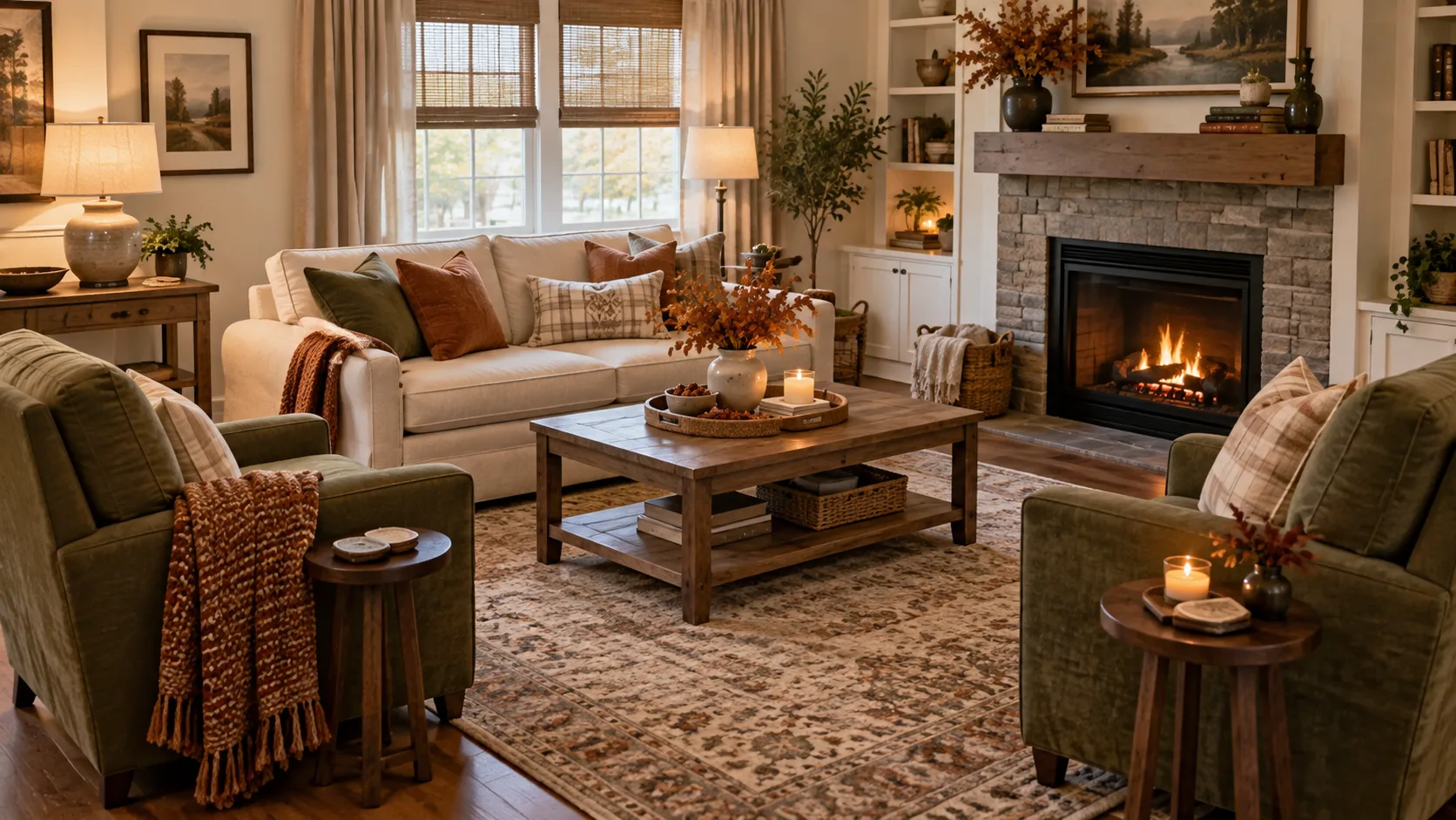 Cozy fall living room with seating arranged for comfortable conversation between guests.