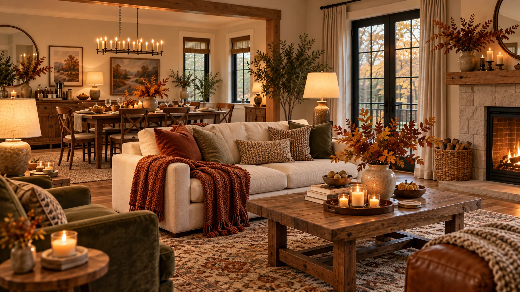 Finished cozy fall gathering space with comfortable seating, warm lighting, and a relaxed dining table.
