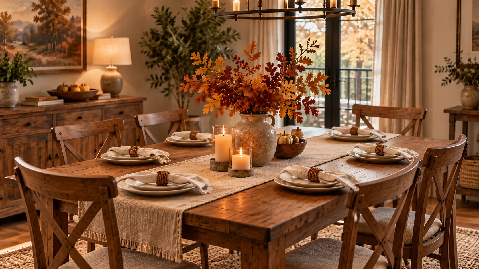 Simple fall dining table with neutral dinnerware, linen runner, candles, and autumn branches.