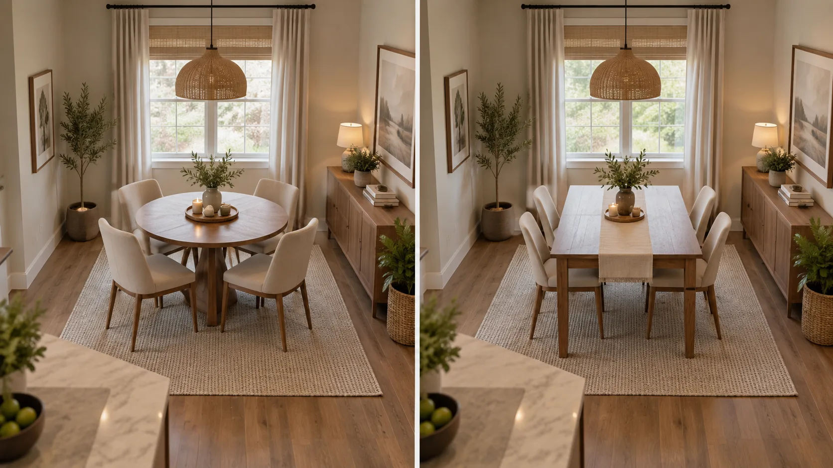 Round dining table arranged in a small dining room to show comfortable seating and easy walking space.