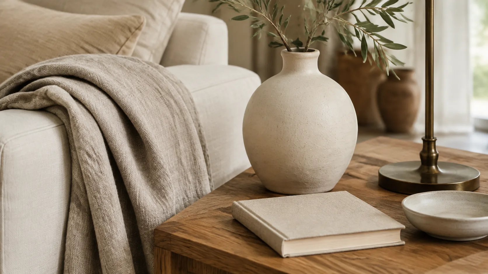 Close-up of layered linen fabric, natural wood grain, a matte ceramic vase, and an aged-brass lamp base in an elegant neutral living room.