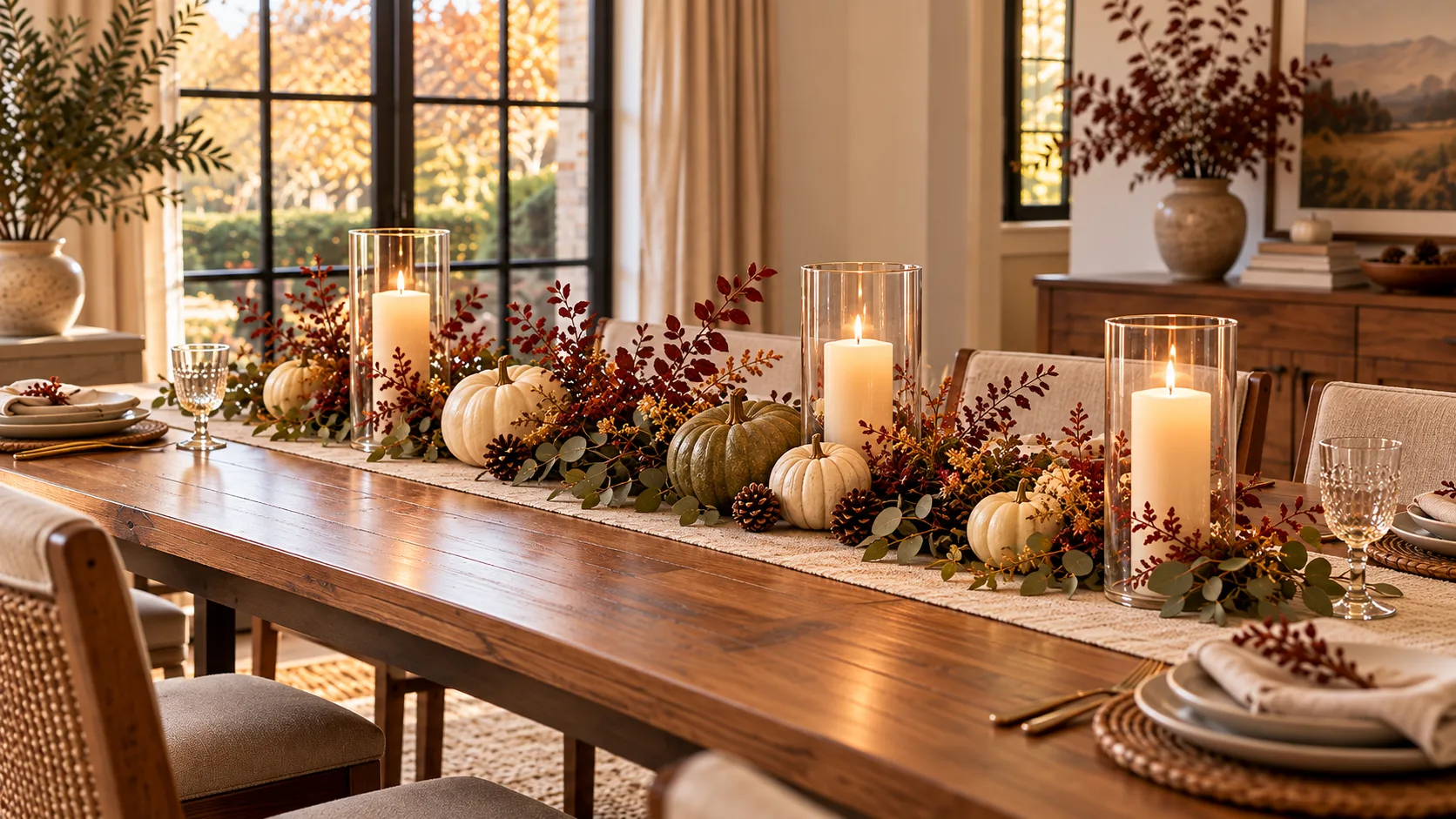 Long low fall centerpiece with small pumpkins, greenery and candles on a rectangular dining table.