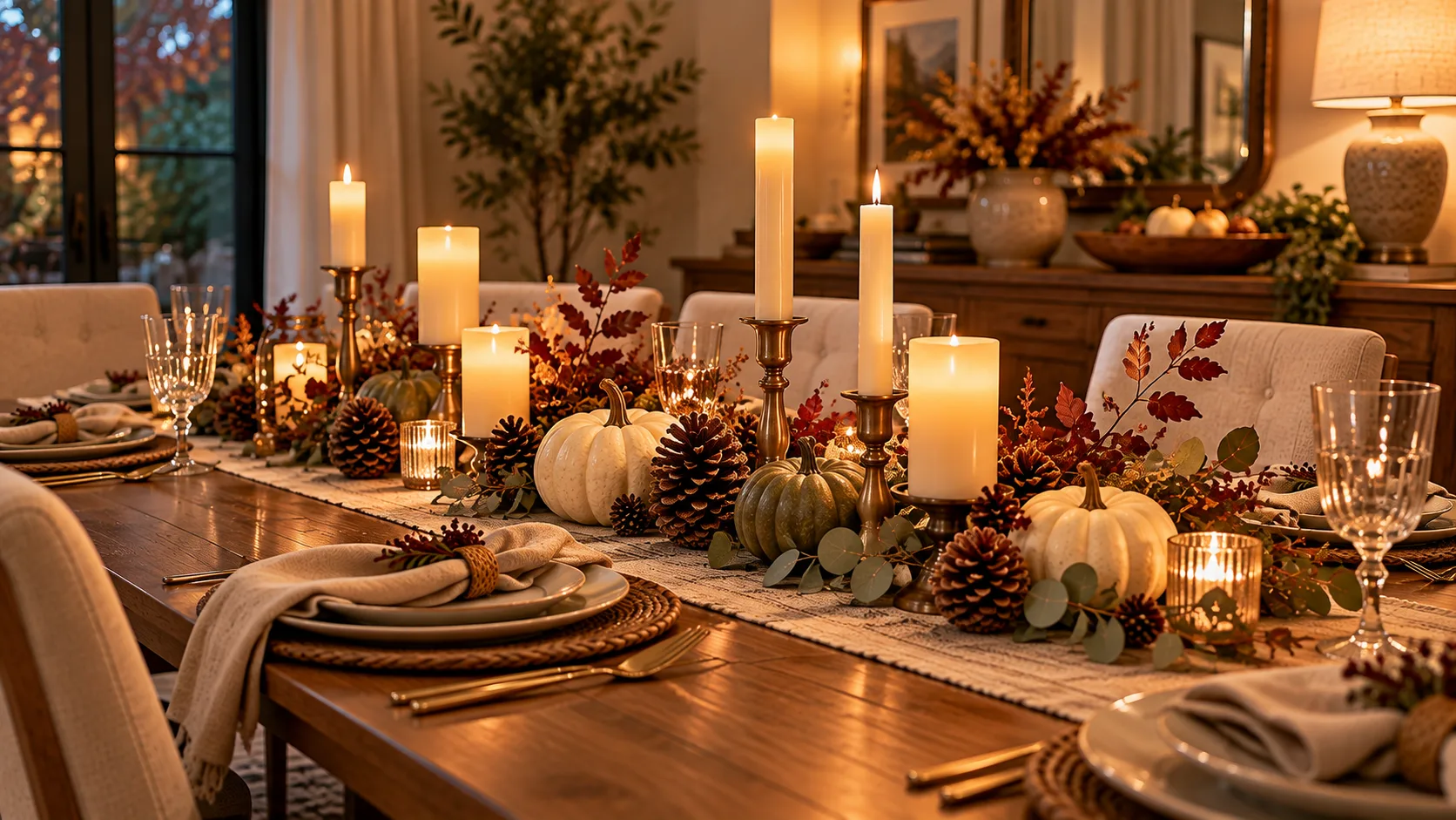 Cozy fall candle centerpiece with flameless candles, pinecones and neutral pumpkins.