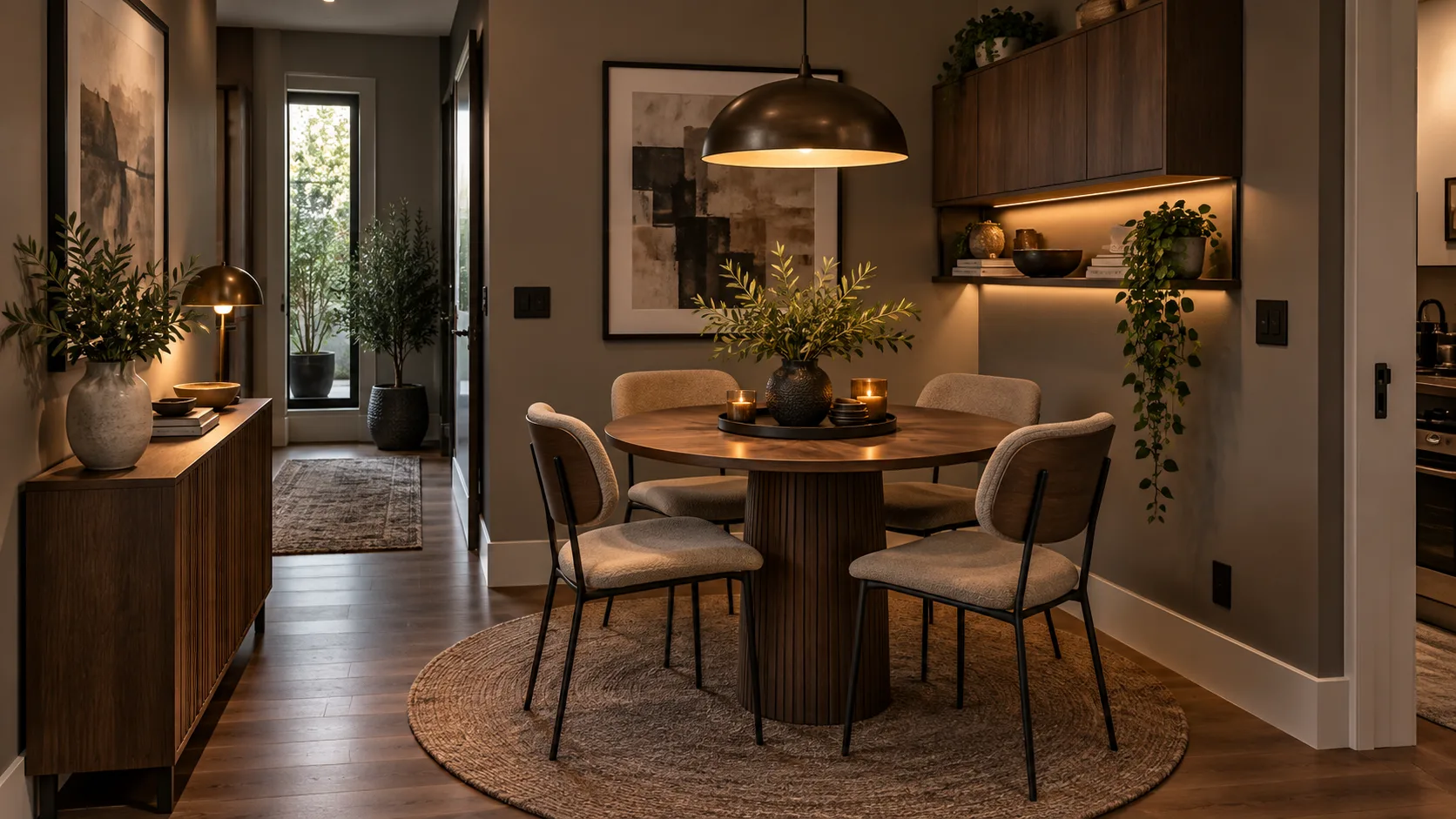 Shallow wood sideboard providing practical dining room storage while keeping the walkway open and uncluttered.
