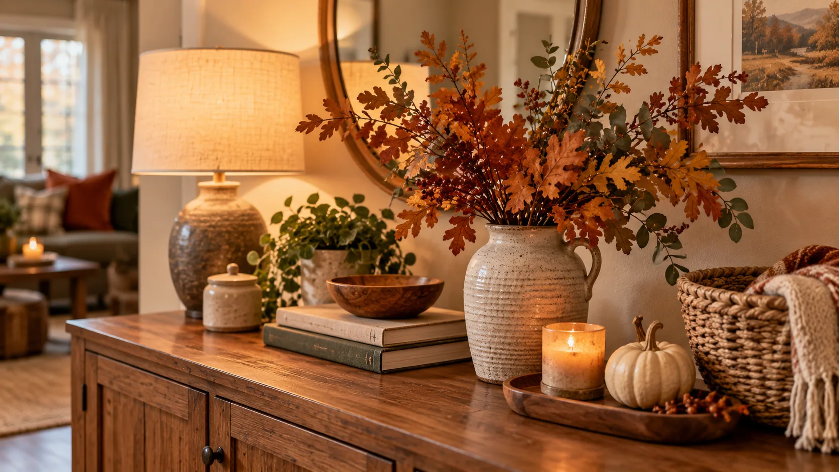 Affordable fall styling using a ceramic vase, natural branches, warm lamp, and neutral decor.